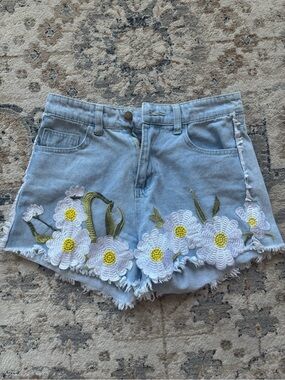 Light Blue High-Waist Denim Shorts with White Daisy embroidery